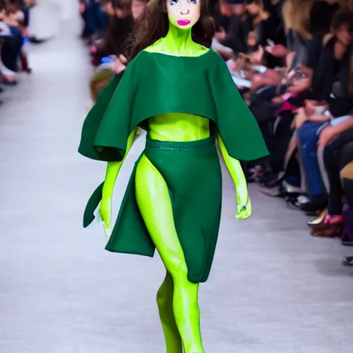 Prompt: goblin girl models the latest in celine fashion on the runway