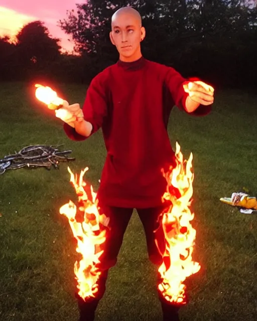 Image similar to [ [ [ [ [ [ squidward ] ] ] ] ] wearing fire nation clothing and practicing firebending outside at susnset