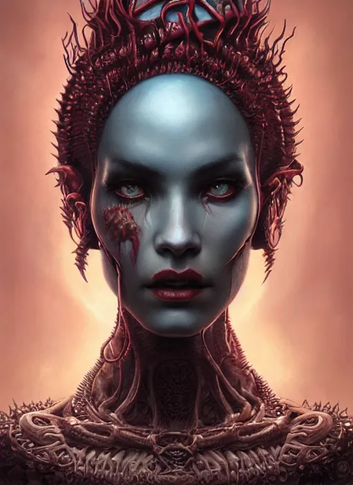 Image similar to a hyper detailed face portrait of the queen of blades, diablo 4 lilith, by tom bagshaw, by zdzisław beksinski, trending on artstation