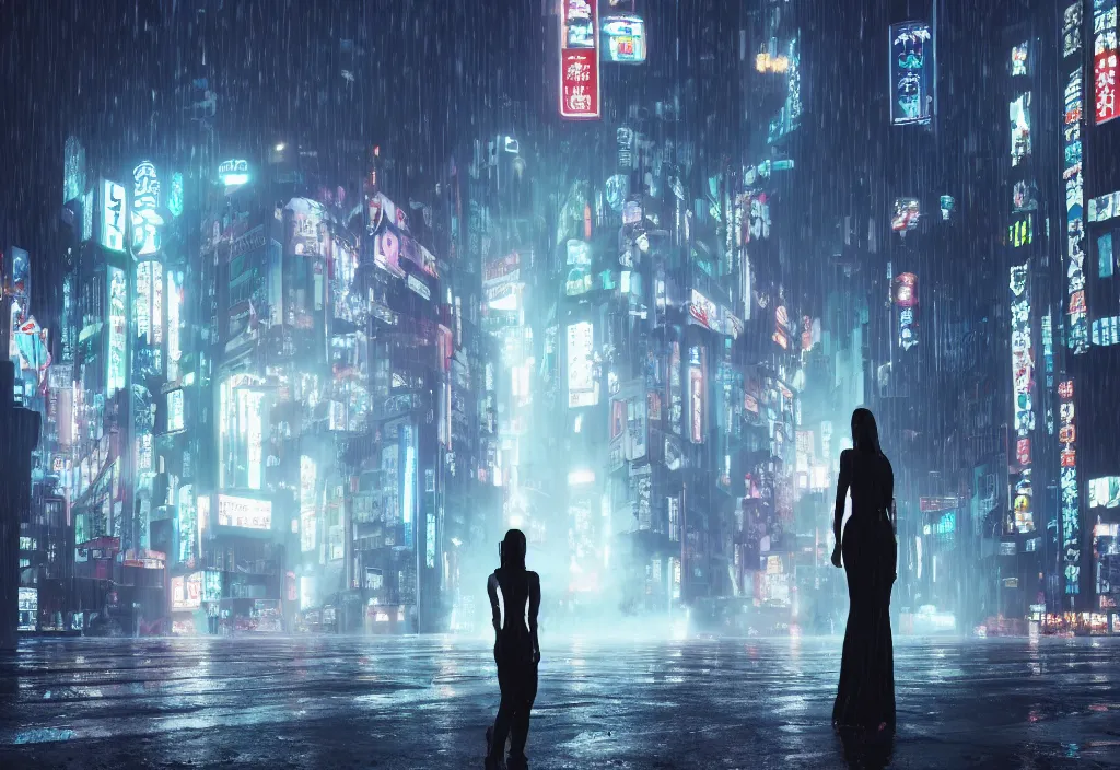 Image similar to 5 0 foot cyberpunk woman, giant, in tokyo city, skyscapers, spot lights, raining, wet, roger deakins cinematography, realistic, stylised, unreal engine, hyper realistic, octane render, camera bloom, fog, bladerunner