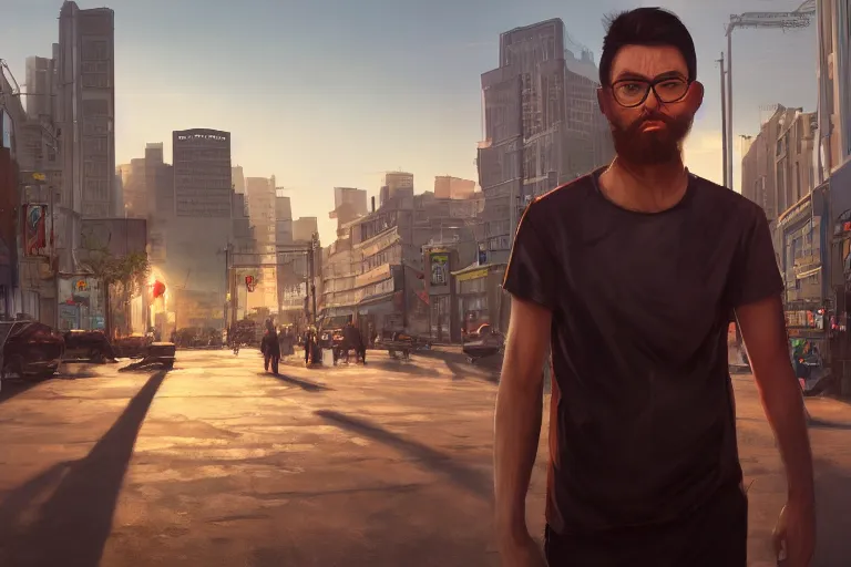 Prompt: hyperrealistic portrait of soyjak, lit in a dawn light, busy city on background, trending on artstation,ultrawide angle, f8 , polarizer , unreal engine