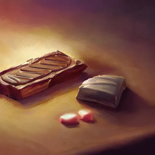 Image similar to a fish laying on top of a chocolate bar. soft, atmospheric, warm lighting. highly detailed digital painting by mandy jurgens.