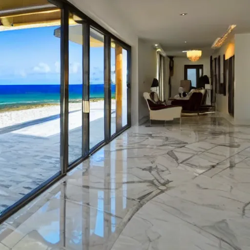 Prompt: shiny marble tiles in hallway leading to patio, beach in the background, luxury, indoor,