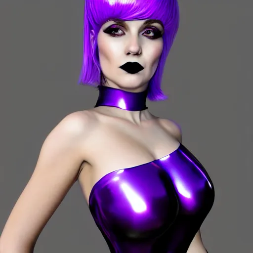 Prompt: portrait of a classy pale voluptuous goth woman with an elaborate elegant silver-purple latex striped high-neck outfit, cgsociety, photorealistic, sublime, evil, 16k, smooth, sharp focus, trending on ArtStation, volumetric lighting