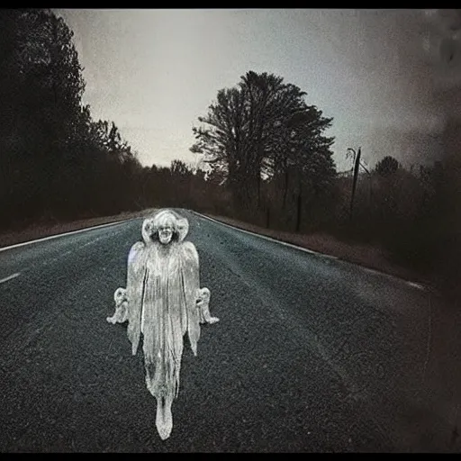 Prompt: creepy lovecraftian angel in the road, taken with car dash camera, real photo