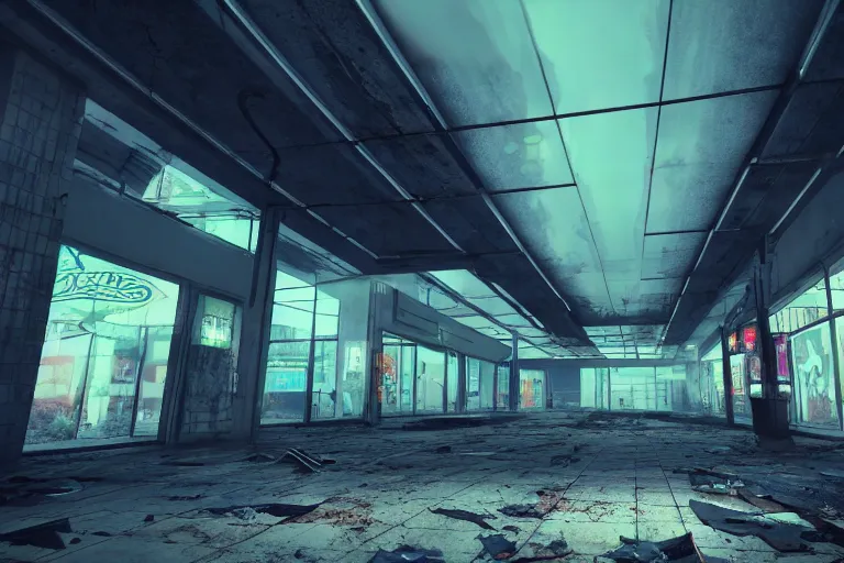 Image similar to low angle photo of a abandoned cyberpunk shopping mall with dead human bodies on the roof, cinematic lightning, ray tracing, unreal engine, photorealistic, detailed, dark, moody, foggy, scary