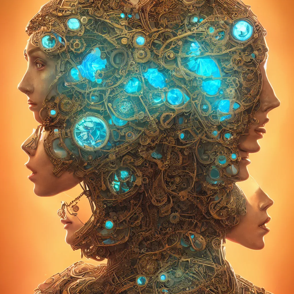 Image similar to beautiful symmetrical face portrait android woman time machine axonometric mechanical fantasy intricate elegant highly detailed in volumetric void of latent space lush flowers intricate jewellery, realm of the gods golden turquoise steampunk, axonometric high contrast cinematic light, mystical shadows, digital painting, sharp focus, octane render, photographic, concept art, artist leonardo davinci, unreal engine 8 k