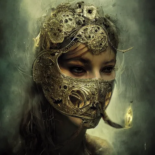 Image similar to Very very very very highly detailed epic photo of face with venetian mask, intricate, dystopian, sci-fi, extremely detailed, digital painting, artstation, concept art, smooth, sharp focus, illustration, intimidating lighting, incredible art by Brooke Shaden and Anton Pieck