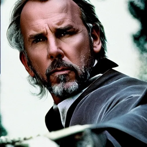 Prompt: Kevin Costner as Dumbledore in Harry Potter Film Series, Warner Brothers, Film Still, 35mm dramatic lighting, cinematic, deep focus, styleframe,