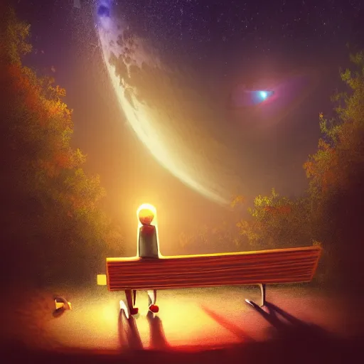 Image similar to cat sitting on a bench watching a black hole in the sky during day, highly detailed, warm colors, artstation, concept art, sharp focus, illustration, octane render, award winning, masterpiece, art by studio 4