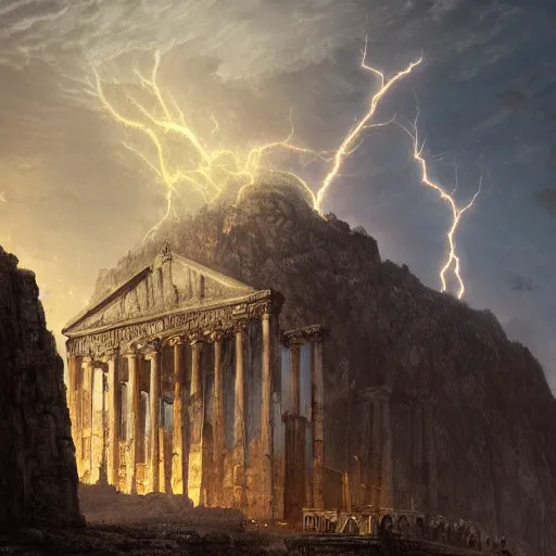 Image similar to the holy castle of Zeus, electrified, lightning-based, with statues, hyperdetailed, artstation, cgsociety, by greg rutkowski, by Gustave Dore, Deviantart