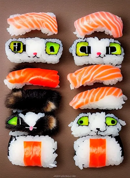 Image similar to clear photorealistic picture of adorable cats made out of sushi