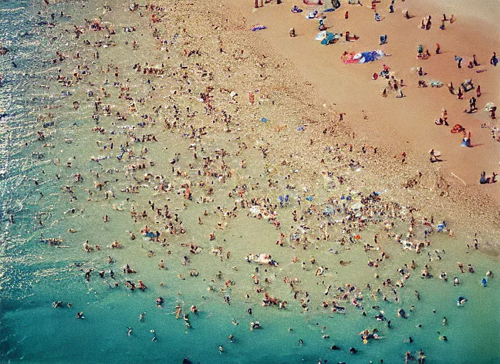 Image similar to close-up color film photography 1970s, aerial view of the beach with a lot of people, soft focus, golden hour, soft light, 35mm, film photo, Joel Meyerowitz