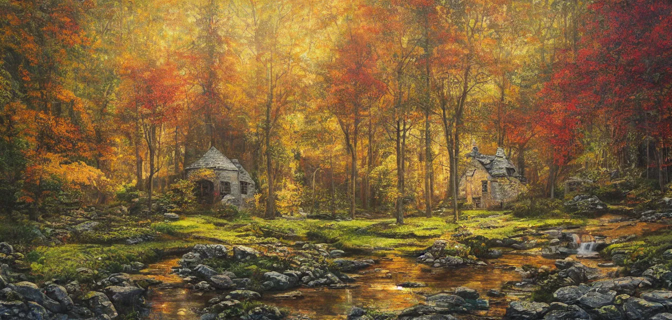 Image similar to a painting of sparse stone cottages underneath a dense tall forest, with pristine reflex from cascading ponds. gorgeous, elegant, sophisticated, an ultrafine painting, intricate brush strokes, bright depth oil colors, photography by araken alcantara. intense promiseful happiness, autumn sunrise warm light, detailed and intricate environment. hopeful. bodyscapes