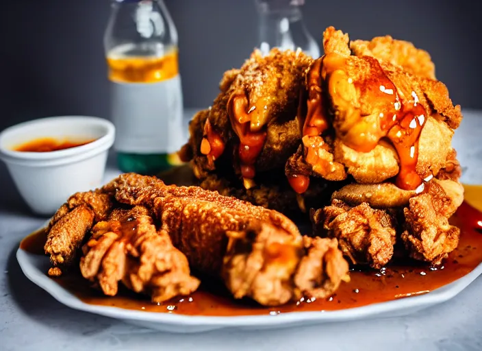 Image similar to dslr food photograph of a belgian waffle with fried chicken on top drizzled with maple syrup and a bottle of hot sauce on the side, 8 5 mm f 1. 8