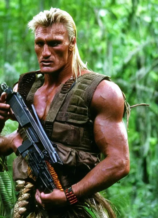 Image similar to film still of Dolph Lundgren as Dutch in Predator, 4k