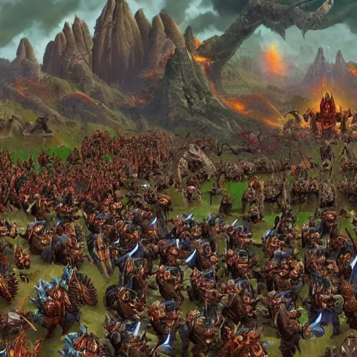 Prompt: World of Warcraft GOA GREJER horde orcs massive army surrounding Orgrimmar realistic