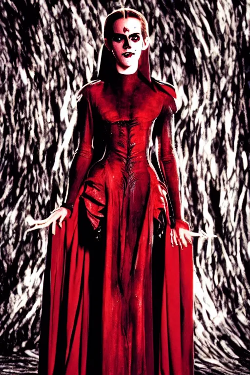 Image similar to dressed emma watson, a sinister demonic queen of cenobites, symmetrical, cinematic, elegant, demonic atmosphere, professional studio light, real dlsr photography, sharp focus, costume made by clive barker, real rotten flesh, blood and bones, 4 k, ultra hd, sense of awe