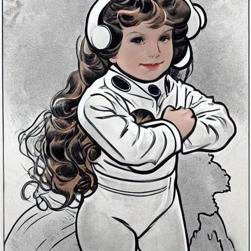 Image similar to a cute little girl with a mischievous face and short brown wavy curly hair. she is dressed as an astronaut. well composed, clean elegant painting, beautiful detailed face. comic book art by steve ditko and jack kirby and ( alphonse mucha )