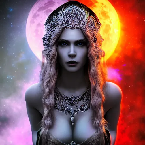 Image similar to photorealistic gothic lunar goddess. hyperdetailed photorealism, 1 0 8 megapixels, amazing depth, glowing rich colors, powerful imagery, psychedelic overtones, 3 d finalrender, 3 d shading, cinematic lighting, artstation concept art