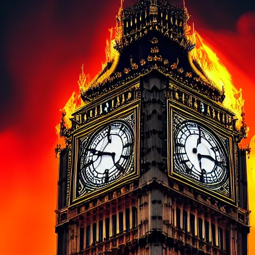 Prompt: the big ben of london is on fire and lava is pouring out of the clock, realism, realistic, hdr,