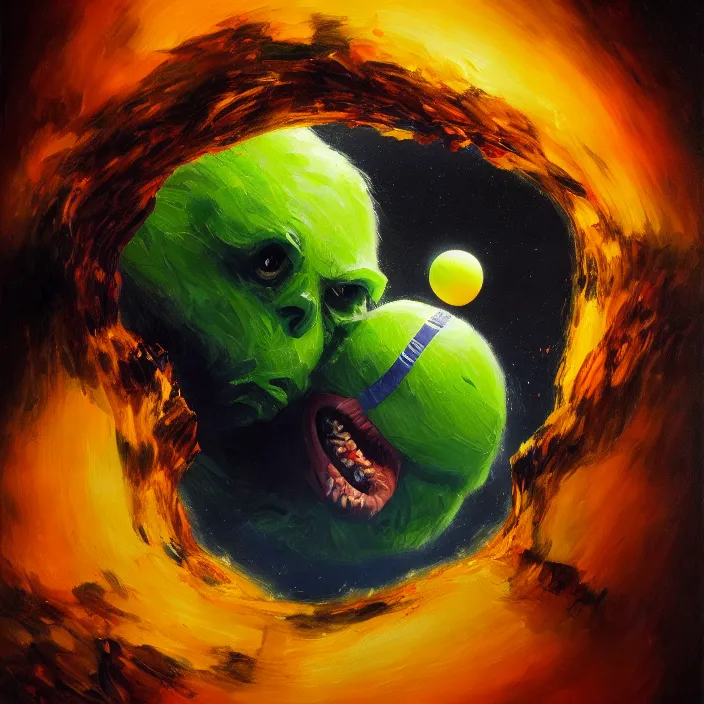 Image similar to cinematic portrait of a tennis ball monster in the abyss of space, oil on canvas, masterpiece, trending on artstation, featured on pixiv, cinematic composition, dramatic pose, beautiful lighting, sharp details, hyper-detailed, HD, HDR, 4K, 8K, art by Basil Gogos