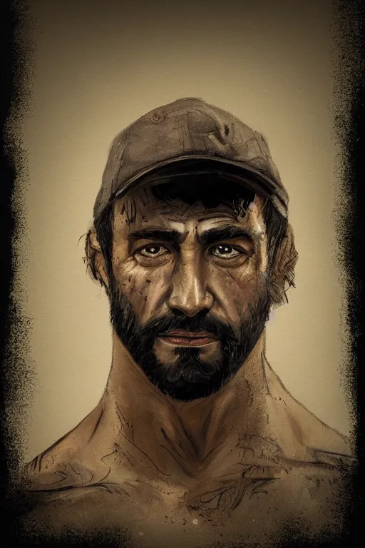 Image similar to very detailed portrait of a rugged man in his early thirties, strong jaw, ( ( deep black eyes ) ), ( ( ( latino features ) ) ), wearing a black!! t - shirt, earthy color scheme, by wlop and tyler oulton, detailed eyes, starry background, trending, on artstation.