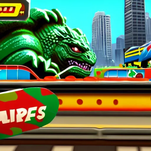 Prompt: an in-game screenshot of Godzilla as a playable skin in Subway Surfers, as coherent as Dall-E 2