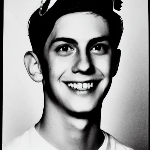 Image similar to a yearbook photo of Jughead Jones in 1966, he is wearing a paper crown