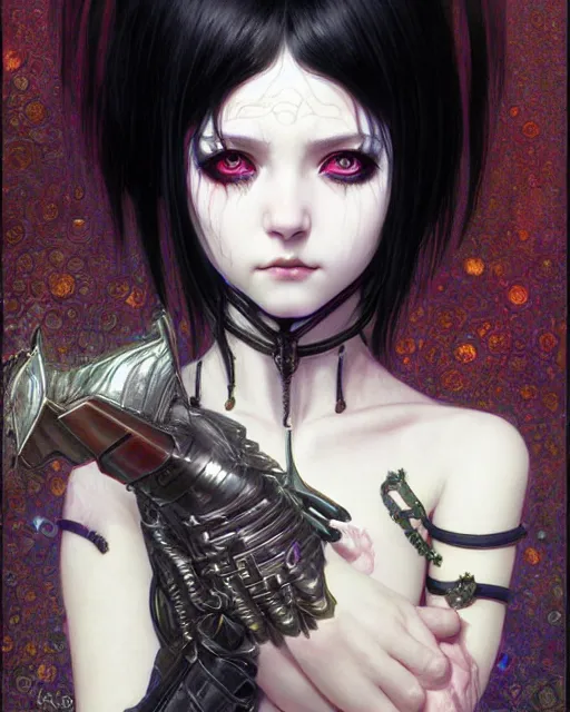 Image similar to portrait of beautiful cute young goth maiden girl with short white hairs in warhammer armor, art by ( ( ( kuvshinov ilya ) ) ) and wayne barlowe and gustav klimt and artgerm and wlop