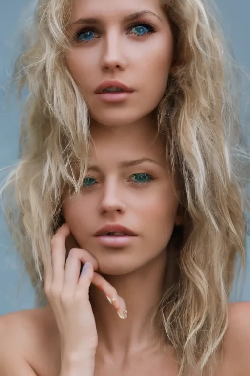 Image similar to olive skinned blonde female model in her twenties, green eyes, wearing a designer top, looking content, focused on her neck, photo realistic, extreme detail skin, natural beauty, no filter, slr, golden hour, 4 k, high definition, selfie