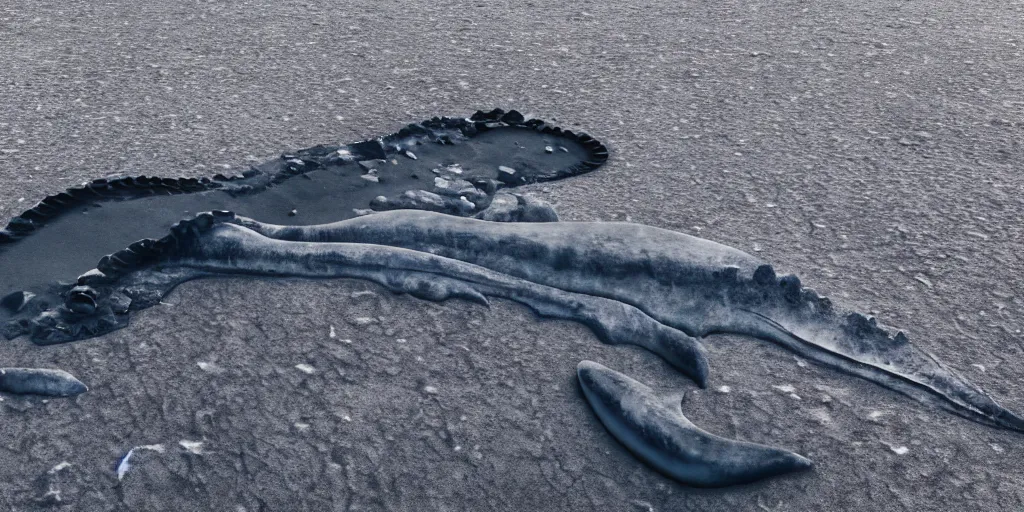 Image similar to of a plesiosaur skeleton on jokulsarlon beach, octane render, cinematic, wide angle, dramatic lighting, hyperrealistic, frozen ocean, black sand