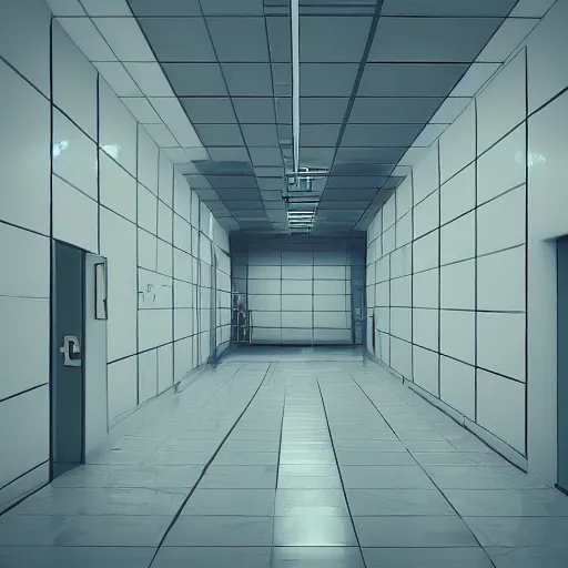 Prompt: isometric view of hallways of underground lab, sterile, clean, cinematic, liminal space, unreal engine, photorealism, haunting