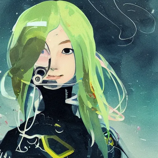 Prompt: highly detailed portrait of a hopeful young astronaut lady with a wavy blonde hair, by Dustin Nguyen, Akihiko Yoshida, Greg Tocchini, Greg Rutkowski, Cliff Chiang, 4k resolution, nier:automata inspired, dishonored inspired, vibrant but dreary but upflifting lime green, black, teal and white color scheme!!! ((Spaceship background))
