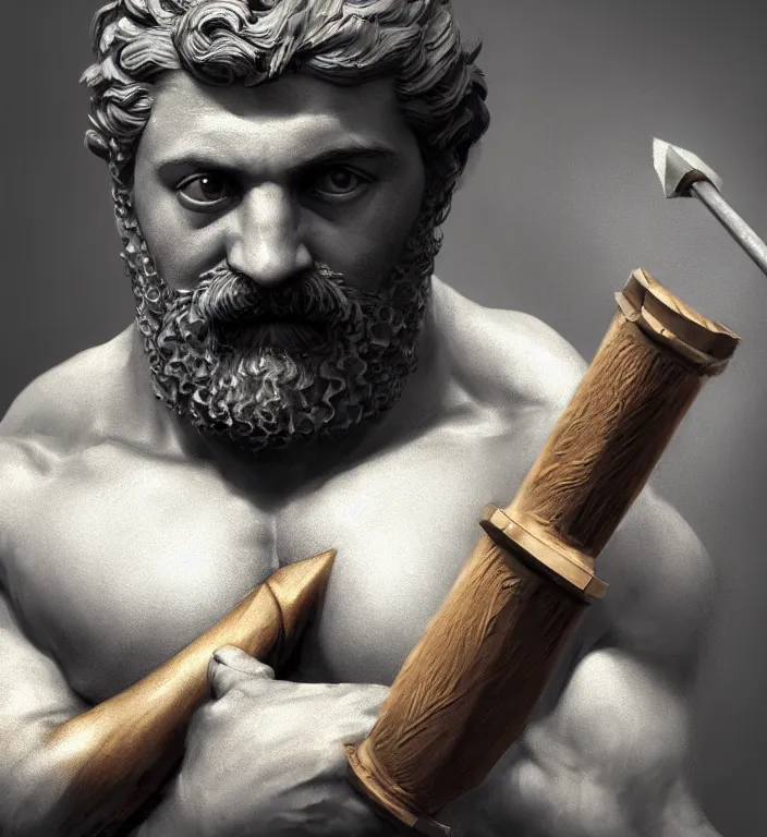 Image similar to masterpiece portrait of a greek god hephaestus, top lighting, holding forge hammer, creepy, disfigured, dslr, shallow depth of field, cryengine, lumion render, 8 k realistic hyper detailed, digital painting, artstation, concept art, ray tracing, realistic shaded