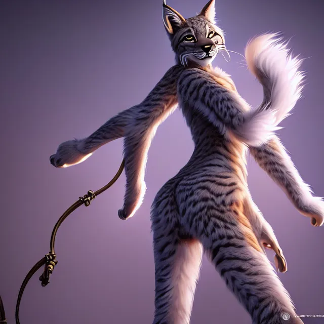 Image similar to the full body of anthropomorphic lynx fursona from behind wearing a steampunk suit as unimaginably beautiful, gorgeous, elegant, young woman with lynx head, fluffy tail, paw pads, an ultrafine hyperdetailed illustration by furaffinity, intricate linework, white fur, unreal engine 5 highly rendered, global illumination, radiant light, detailed and intricate environment