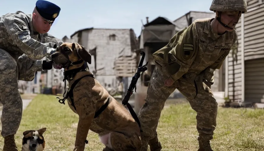 Image similar to a soldier sends a dog to attack a cyborg