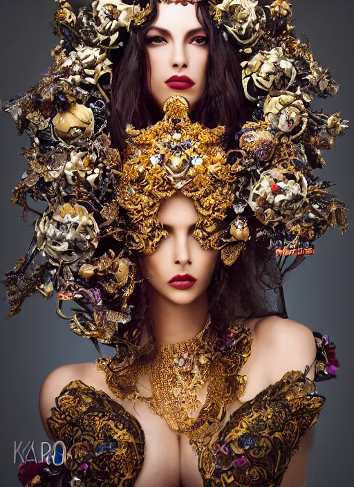 Image similar to expressive full body photo of a female model, ornate headpiece made from flowers, ornaments, glamour shot, by karol bak, by stefan gesell, photorealistic, canon r 3, fashion photography, hyper maximalist, elegant, ornate, luxury, elite, environmental portrait, symmetrical features, octane render, unreal engine, solid dark grey background, dramatic lights