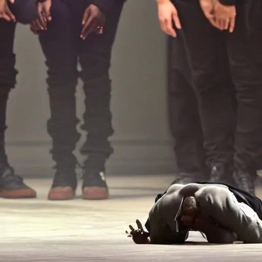 Image similar to kanye west crawling on all fours like a demon