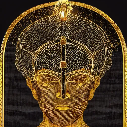 Image similar to epic deatailed golden statue of the King, surrounded by intricate gold lace metalwork on a black smokey background. metallic, accent lighting, glowing, gold