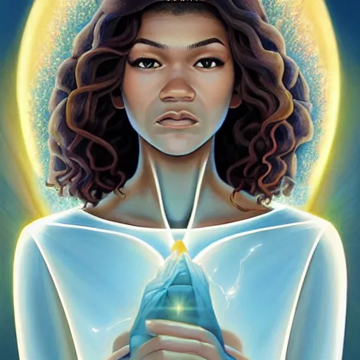 Image similar to a painting of Zendaya as the Messiah by Ross Tran, Bruce Timm and Vladimir Kush, highly detailed digital art, holy aura, serene expression