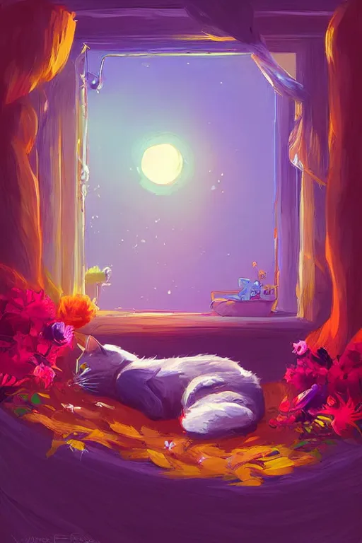 Image similar to a digital art of a cat sleeping in the room with flowers around in the afternoon, the sun shines in, animal, light effect, highly detailed, by anton fadeev