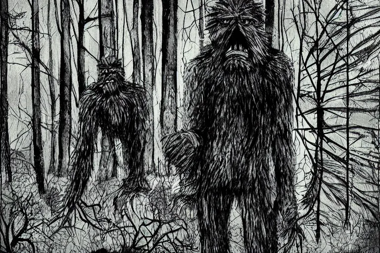 Image similar to mad bigfoot screaming in the woods artwork by ben templesmith