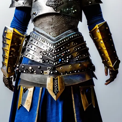 Image similar to photo of a real-life beautiful warrior with sapphire encrusted armour, highly detailed, 4k