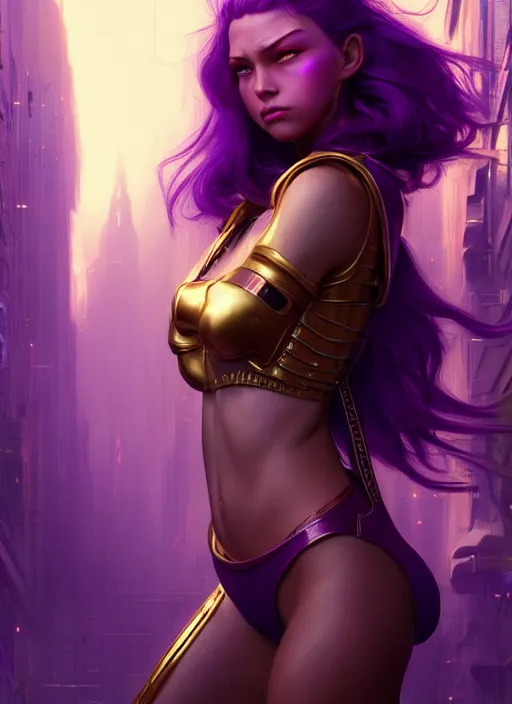 Image similar to young woman : : purple - gold streets cyberpunk : : weta disney pixar movie still photo : : decadent highly - detailed digital painting, heroic pose, full length shot, golden ratio, octane render, artstation, smooth, sharp focus, artgerm, mucha, loish, wlop, gogo