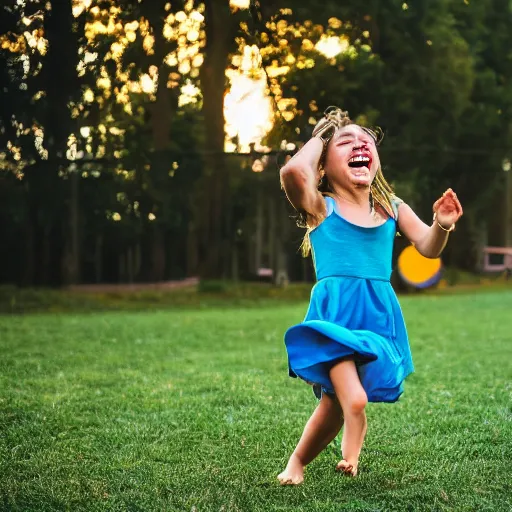 Prompt: a barefoot coed girl laughing with tears