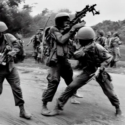 Image similar to t rex fighting alongside us soldiers in the vietnam war, black and white, eddie adams, david burnett, robert capa, al chang, niel davis, marc riboud