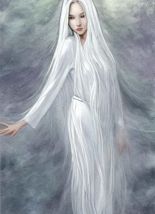 Image similar to tall thin beautiful goddess, pale wan female angel, long flowing silver hair covering her whole body, beautiful painting, young wan angel, flowing silver hair, flowing white robes, flowing hair covering front of body, white robe, white dress of silver hair, covered, clothed, aesthetic, mystery