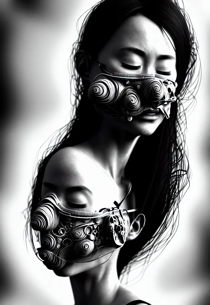 Image similar to one young beautiful woman with eyes closed, with a medical mask. fractal, mandelbulb, speed painting, scribble art, octane render, portrait. black and white. intricate detail, beautiful, moody, cinematic. futurism, Unreal Engine, photorealistic.