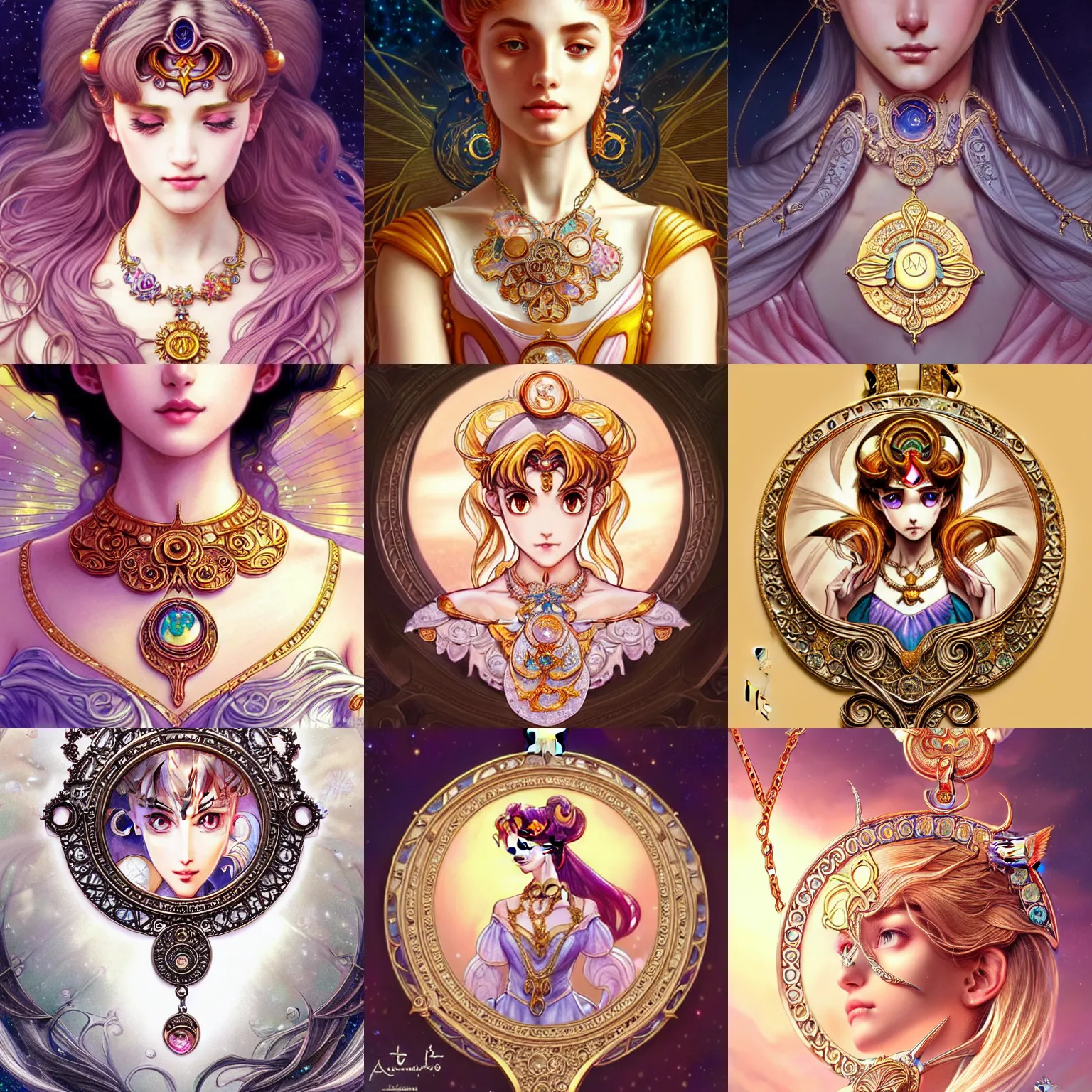 Prompt: a beautiful detailed necklace with a sun, beautiful detailed sailor moon aesthetic, beautiful detailed fantasy, beautiful detailed intricate, beautiful detailed elegant, highly detailed, beautiful detailed digital painting, artstation, beautiful detailed concept art, matte, sharp focus, beautiful detailed illustration, highly detailed art by Artgerm and Greg Rutkowski and Alphonse Mucha